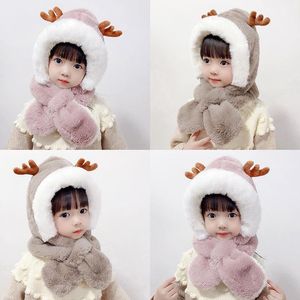 Hiver filles bois de cerf en peluche écharpe casquette chaud doux cache-oreilles chapeau enfants bébé épais oreillette capuche enveloppement M4201