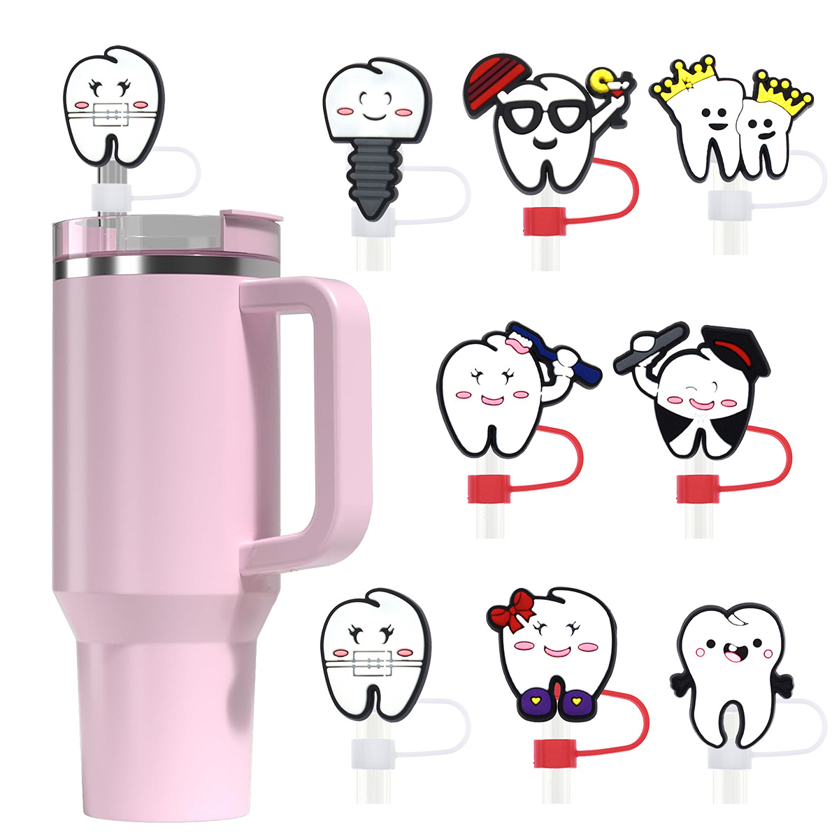 8 Designs Cartoon Tooth Series Soft gummi Straw Cap Dust Plug 10mm Personlighet Diy Straw Sleeve Dekorativ spänne