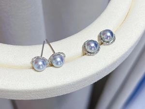 8 Diamondbox - Pendientes de joyas de perlas Cabos de oreja Sterling 925 Silver Circle Akoya Gray 6.5 -7mm Classic Round Simple Gift Idea