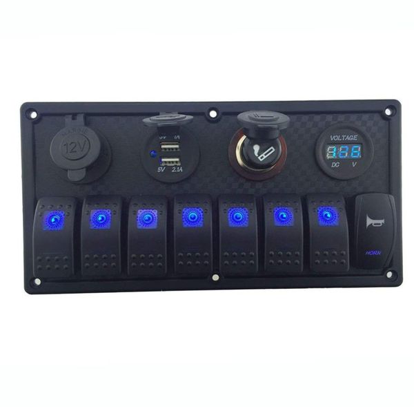 Panneau de commutation led bleu marin à 8 gangs, avec Double prise de courant led, interrupteur de klaxon allume-cigare et voltmètre USB 42A 7641536