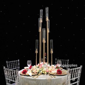 8 hoofden 47 inches Tall Gold Metal kaarshouder met acryl lampenkap voor bruiloft decoratie tafel centerpiece Candelabra Senyu0196