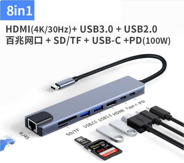 Station d'accueil 8 en 1 Type C, séparateur Hub USB 3 0 2.0 3.0, adaptateur de concentrateur, extension de Dock vers ordinateur portable Compatible HDMI