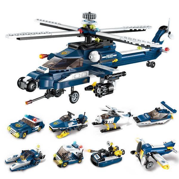 Kit de bloques de construcción de helicóptero 8 en 1 para niños, DIY, moto de nieve, coche patrulla, barco de combate, modelo ensamblado, juguetes educativos, regalos para niños
