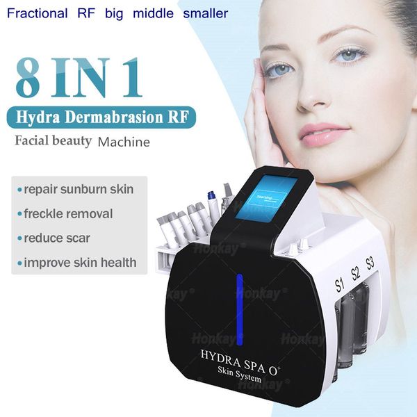 Équipement de beauté multifonctionnel 8 en 1 Hydra Dermabrasion Bio Microneeding Radio Fréquence Aqua Épurateur de peau Hydro Fractional RF Grandes poignées moyennes plus petites