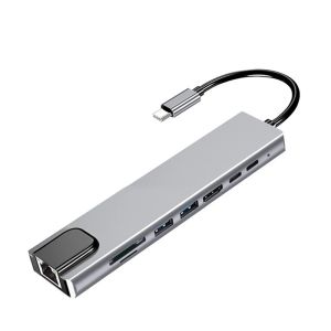 8 en 1 type C USB Hub Support U Disque Disque dur de souris Keyboard SD TF RJ45 HD Type C 3.1 à 4K Adaptateur compatible HDMI