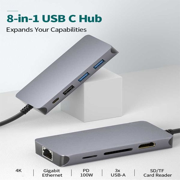 Adaptateur Hub USB-C vers HDTV 8 en 1, Station d'accueil USB 8K, avec emplacement pour lecteur SD TF 3.0 PD, pour ordinateur portable et de bureau, moniteur