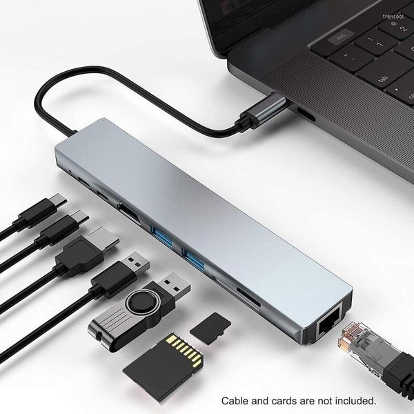 Adaptador multipuerto de estación de acoplamiento 8 en 1 USB C Hub tipo C con 4K HD RJ45 Ethernet 2,0 PD puerto de carga Compatible PC TV