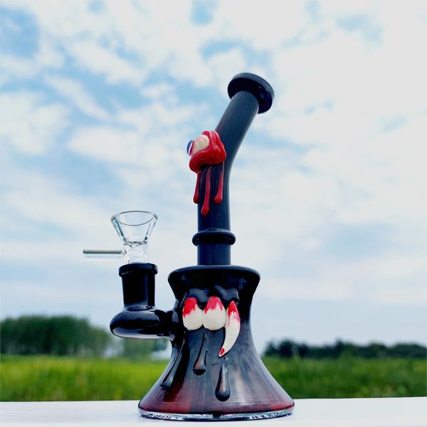 8 pulgadas Heady Bong Black 20CM 3D Red Blue Glow Eye Ball Half Teeth Glass Bong Tuberías de agua Joint Hookah Smoking Bubbler 14mm Bowl