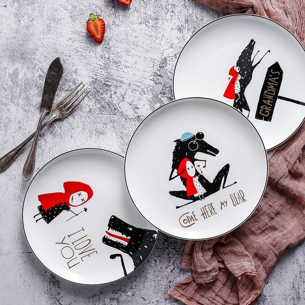 8 pouces bord noir de la porcelaine 1pcs plaque en céramique Little Red Hat Plate vaisselle dîner ensemble Steak Plate Dim Sum Dinner Plates 201217