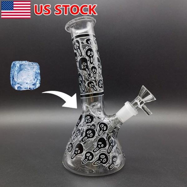 8 pulgadas Bong de vidrio Cráneo negro Impreso Cachimba Pipas de agua para fumar Bongs + Tazón