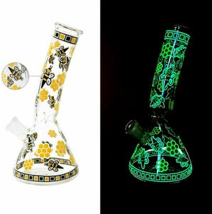 8 inch Glazen Water Bong Tabakspijp Glow in Dark Yellow Bee Sticker Beaker met 14mm Mannelijke Downstem Bowl