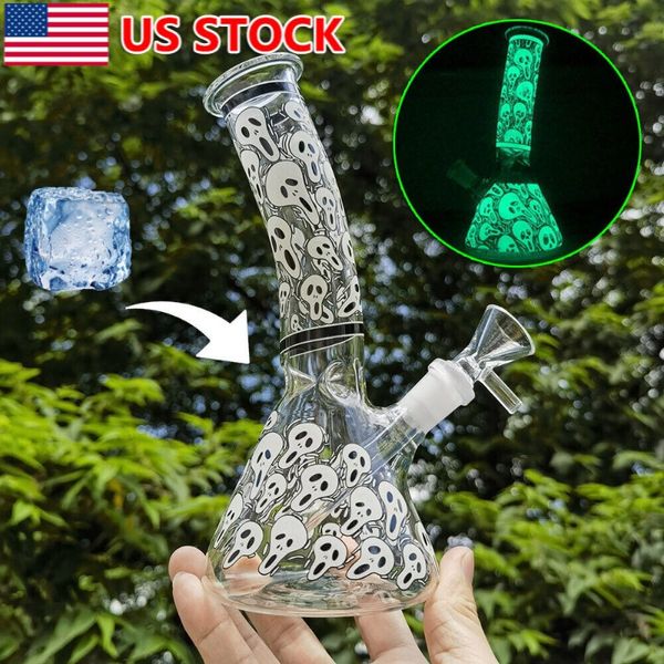 Resplandor de 8 pulgadas en el vidrio oscuro Bong Skull Hookah Fumar Pipa de agua Bubbler + Bowl