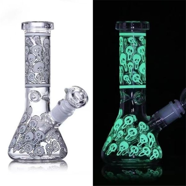 8 pulgadas Resplandor en la oscuridad Etiqueta engomada del cráneo Vaso de vidrio Agua Bong Bubbler Pipe Hookah Tazón de tabaco