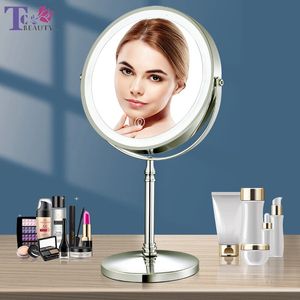 8 inch gouden make -upspiegel met licht USB -oplaad 10x vergrotende ijdelheid spiegel verlichte verstelbaar licht staande cosmetische spiegel 240326