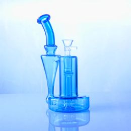 Bong en verre scientifique de 8 pouces, bleu, recycleur unique, plate-forme dab, pomme de douche, pipe à fumer en verre avec bol LL