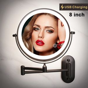 Miroir de maquillage mural noir mat de 8 pouces grossissant bras pliant double face chargeur USB miroirs cosmétiques intelligents de salle de bains 240228