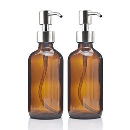8 oz Distributeurs de savon liquide de 250 ml avec pompe en acier inoxydable pour les huiles essentielles Lotions maison Shampoo Amber Glass Bottle 240523