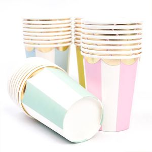 Lot de 8 gobelets en papier jetables dorés 9 oz vaisselle jetable tasse rose pour fournitures de fête de douche de bébé