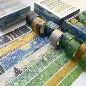 8-Pack Van Gogh Starry Night Themed Washi Tape Set, Gold Foil Floral Decorative Adhesive Craft Tape for Scrapbooking and DIY Projects