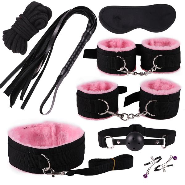 8 PCSset BDSM Bondage Kit menottes Générales Clombes Moth Ball Gag Whip Coton Corde Corde Sex Toys pour couples Masque Eye Col Collier 240412