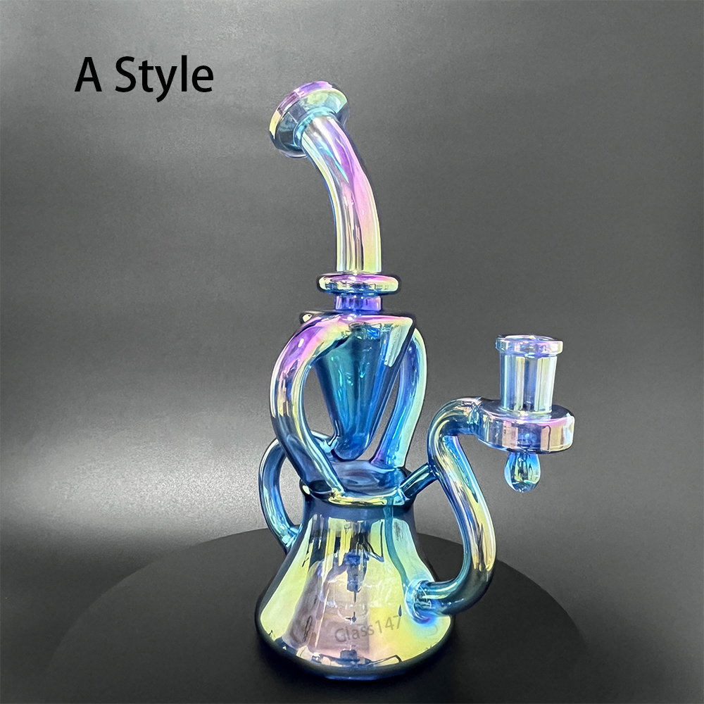 8" Glass Bong Twin Chamber Rainbow Metallic Hookah Glass Bong Dabber Rig Recycler Incycler Pipes Water Bongs joint Size 14mm for smoking shop Art Fashion