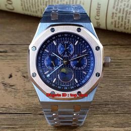 Watch de haute qualité de haute qualité 41 mm Perpetual Calendar Automatic Mens Watch 26574 Blue Dial Sangle de sangle en acier inoxydable à deux tons Watch229H