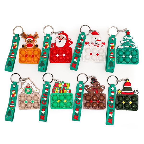 8 Styles Thème De Noël Porte-clés Silicone Souple Bonhomme De Neige Cerf Cloche Neige Arbre Senta Claus Pop Presse Pendentif Porte-clés Décompression Jouet XMAS Cadeau