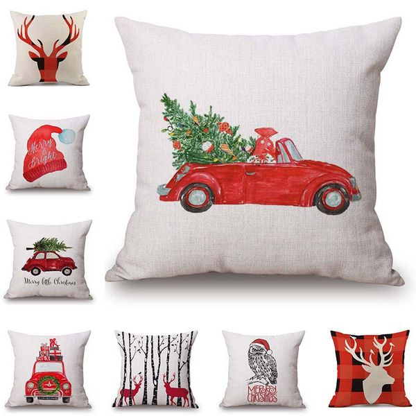 8 Styles Joyeux Noël Coussin Couverture Paintings couleur renne Arbre Elk voiture rouge Chapeau Housse de coussin décoratif en lin beige Taie