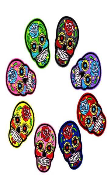 Parches de calavera multicolor de 8 estilos para bolsas de ropa, parche de aplique de transferencia por plancha para chaqueta, pantalones vaqueros, insignia bordada para coser DIY 7364196