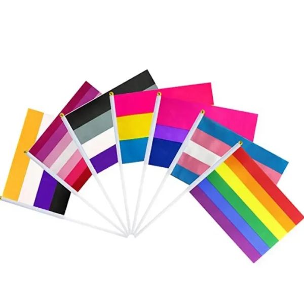 8 Styles de drapeaux arc-en-ciel en Polyester, drapeau ondulé à la main, bannière de jardin avec mât, 14x21CM, vente en gros