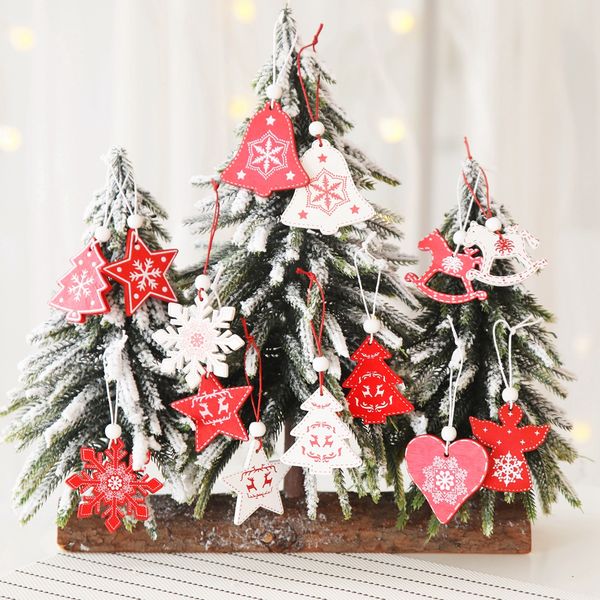 8 estilos, adorno para árbol de Navidad rojo blanco, 12 unids/lote, colgantes colgantes de madera, ángel, campana de nieve, alce, estrella, decoraciones de Navidad para el hogar