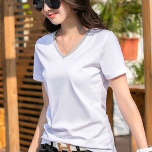 Camisetas de algodón de seda de 80 hilos, camiseta informal coreana versátil con cuello en V de manga corta para mujer, novedad de 2024, 8895