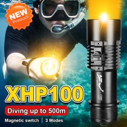 8000 lumens Super puissant lampe de poche de plongée XHP100 Light Yellow Light Underwater Lampes Scuba LED Lampe de plongée professionnelle