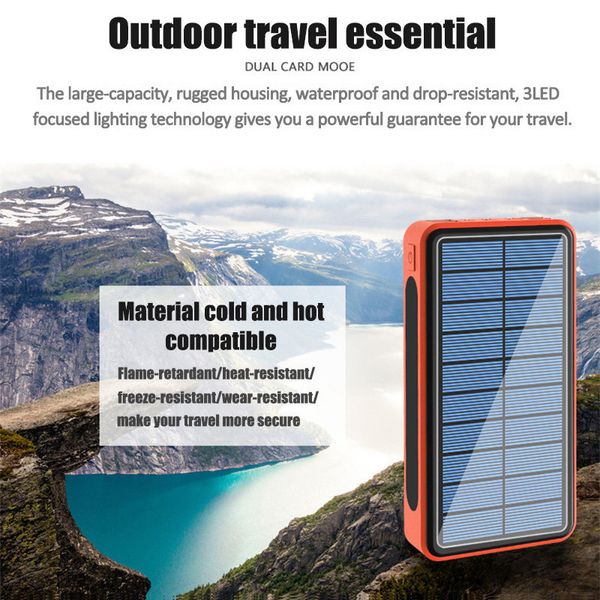 80000mAh Banque d'énergie solaire sans fil Téléphone portable Charge rapide Externe Sport de plein air Qi Chargeur Batterie de secours PowerBank USB LED pour Samsung iPhone 15 14 13 Pro Max