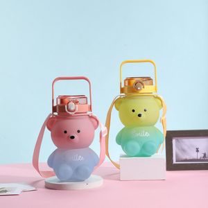 800 ml ours paille bouteille d'eau été extérieur grande capacité en plastique paille tasse à boire mignon enfants tasse d'eau Kawaii ours bouilloire