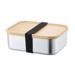800 ml voedselcontainer lunchbox met bamboe deksel roestvrijstalen rechthoek bento bento doos houten bovenkeukencontainer natuurlijk eenvoudig voor take sn4315