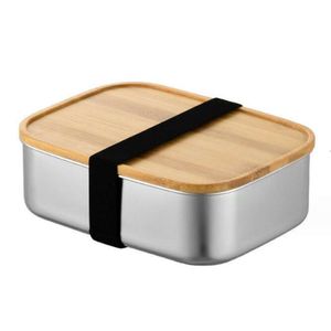 Boîte à déjeuner pour récipient alimentaire de 800 ml avec couvercle en bambou Boîte à bento en acier inoxydable Dessus en bois Récipient de cuisine alimentaire à 1 couche Facile à emporter en voyage en plein air