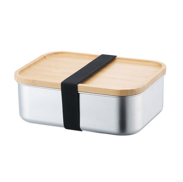 800ML Conteneur Alimentaire Boîte À Lunch avec Couvercle En Bambou En Acier Inoxydable Rectangle Bento Boîte En Bois Top Conteneur De Cuisine Naturel Facile À Prendre SN4315