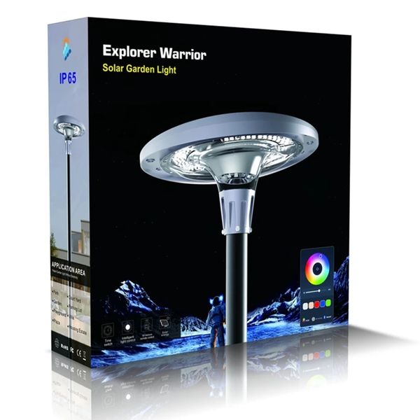 Luces solares UFO de 800W y 1200W, luz de jardín de Color blanco/cálido RGB, Control remoto por aplicación Bluetooth, resistente al agua IP65, poste de 3m y 4m
