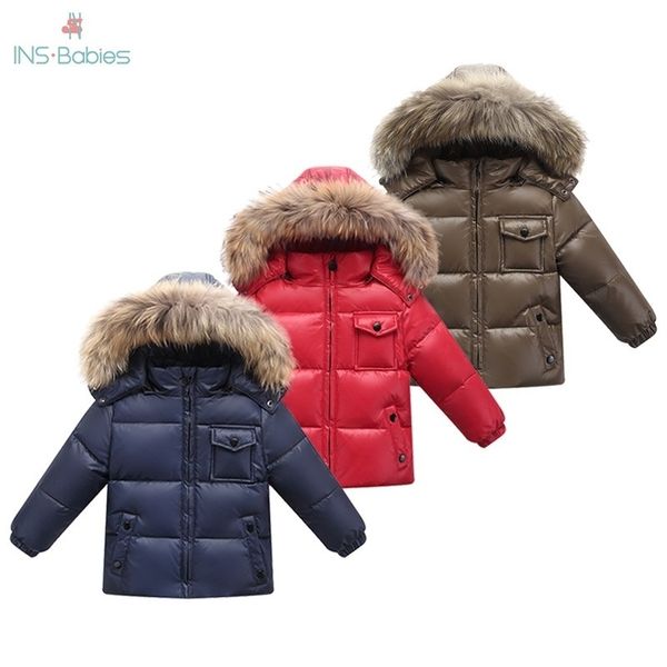 803 niños chaqueta de invierno niños Parkas abrigo con capucha para niñas niños cálidos gruesos abajo chaquetas niños cálidos abrigos de cuello de piel real LJ201126