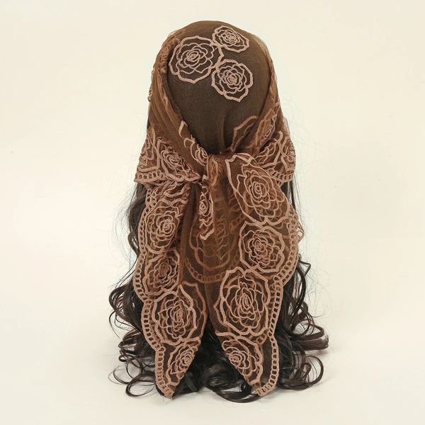 8080 cm encaje cuadrado pañuelos estilo rock bordado floral diadema neta transpirable hijab a través del pañuelo en la cabeza mujer musulmana velo 240202