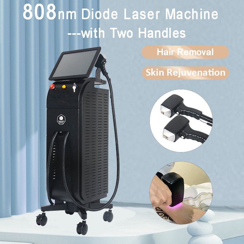 808nm diodlaser för hårborttagningsmaskin kylsystem hudföryngring hudblekning hel kropp håravfall skönhet utrustning med 2 behandlingshandtag