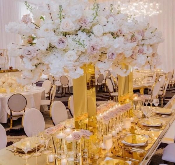 80cm Oro grande camino de flores plomo espejo dorado Pilar metal centros de mesa de boda jarrones para eventos decoración del hogar Hotel