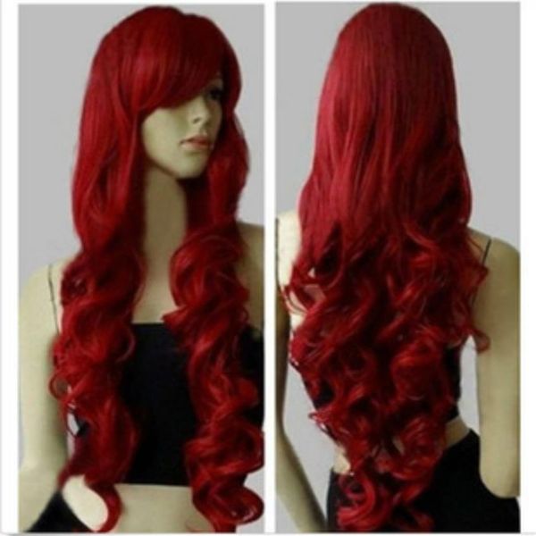 80 cm de largo Cosplay pelucas de color rojo oscuro pelucas rizadas de las señoras Perruque Peluca Peruca Parrucca Capelli peluca de pelo sintético 2152