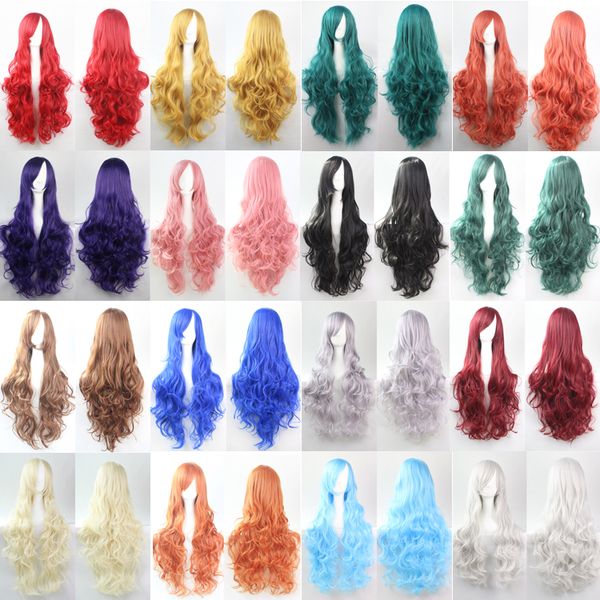 Pelucas sintéticas de onda suelta de 80CM para mujer, peluca de Cosplay, pelo rubio, azul, rojo, rosa, gris, morado para fiesta humana, regalo de Navidad y Halloween