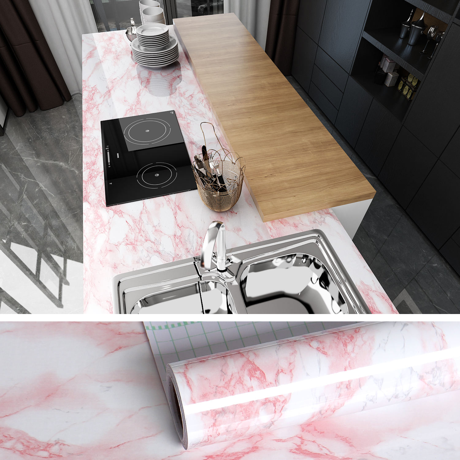 80 cm marmor PVC vinyl vattentät tapet för badrum bord kök ambry bänkskiva självhäftande klistermärke för möbeldekor