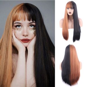 80 cm Straight Cosplay Synthetische haarpruiken met pony Mix Color Pruik 32 inches Perruques de Cheveux Humains YN117