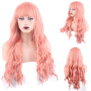 80cm golvende cosplay synthetisch haar pruiken met pony roze pruik 32 inches perruques de cheveux humains yn118