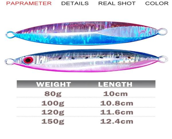 80g 100g 120g 150g Falle plate lent plomb de gabarit vertical Lere Lure de pêche artificielle de l'eau salée Jigging pour le thon Kingfish Bass Salmon5025566