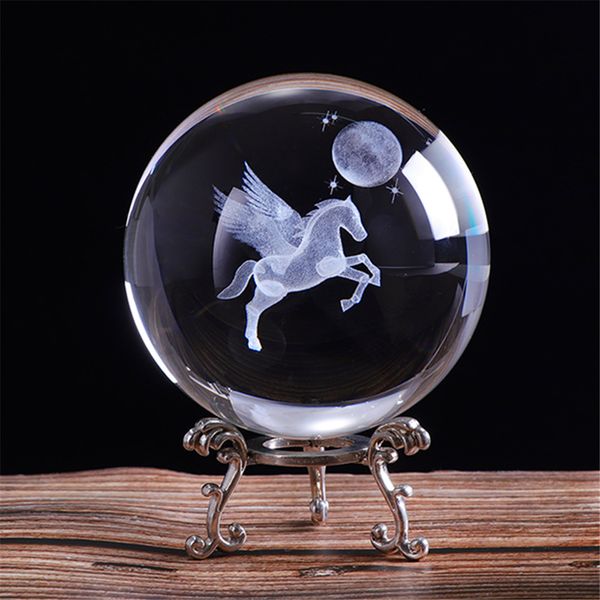 Artes y manualidades con láser 3D de 80mm, bola de cristal de Pegaso en miniatura grabada, artesanía de campo de cristal, decoración del hogar, ornamento, regalo de cumpleaños